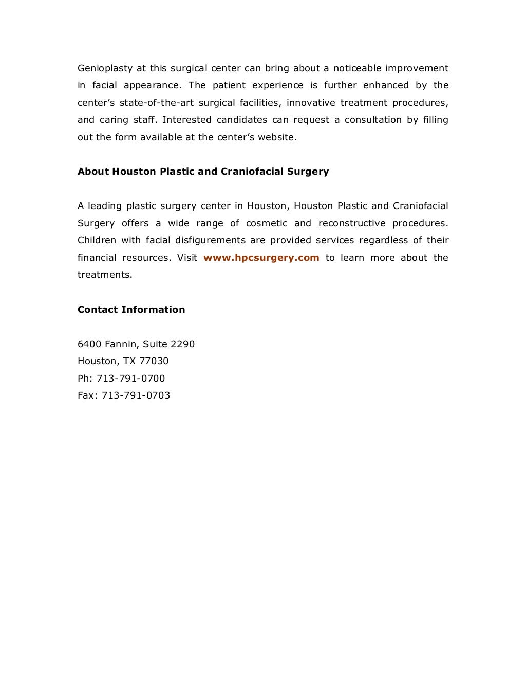 Houston Plastic and Craniofacial Surgery Offering Safe and Effective