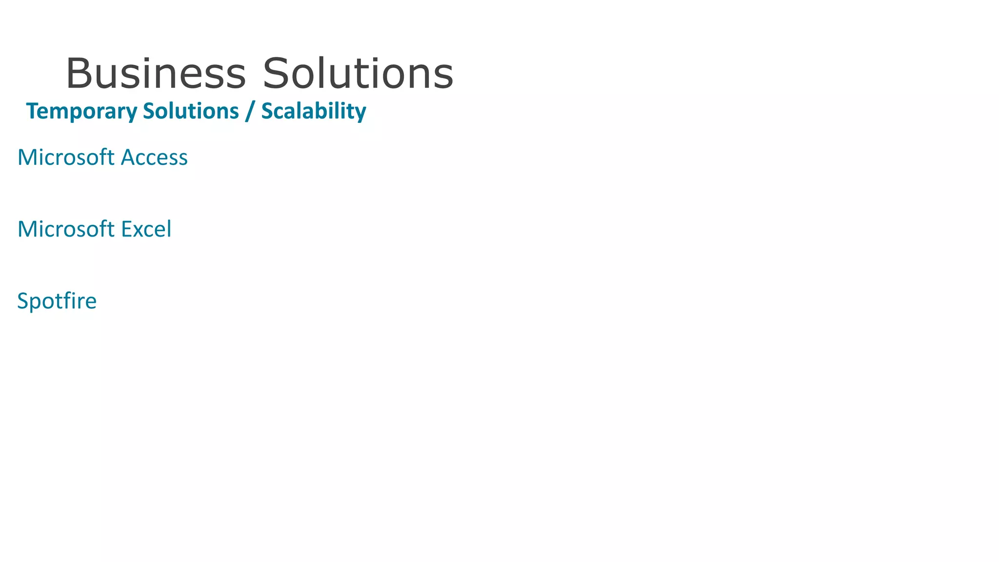 Business Solutions
Temporary Solutions / Scalability
Microsoft Access
Microsoft Excel
Spotfire
38
 