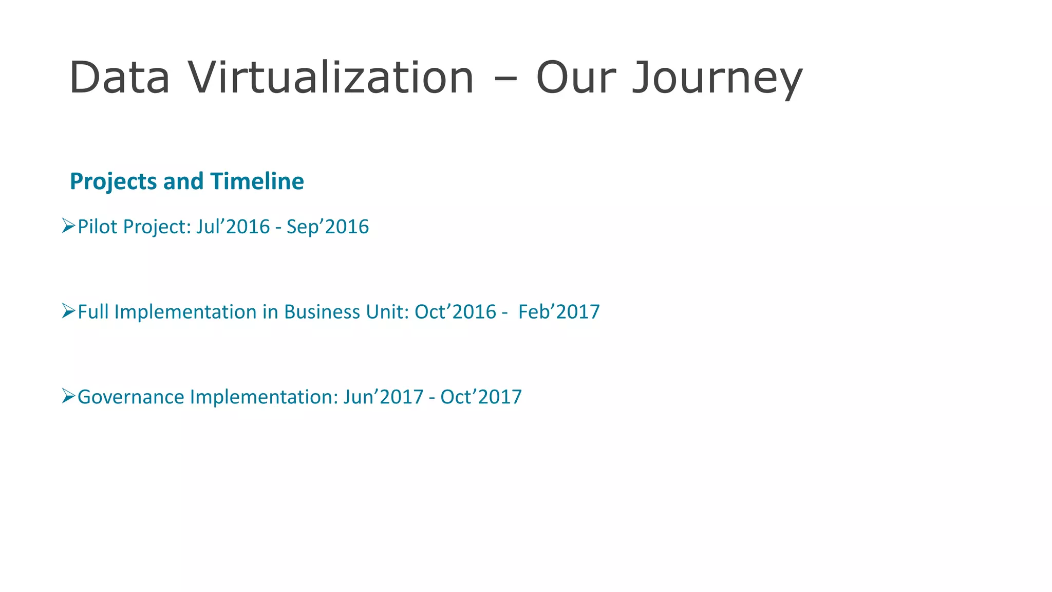 Data Virtualization – Our Journey
Projects and Timeline
Pilot Project: Jul’2016 - Sep’2016
Full Implementation in Business Unit: Oct’2016 - Feb’2017
Governance Implementation: Jun’2017 - Oct’2017
40
 