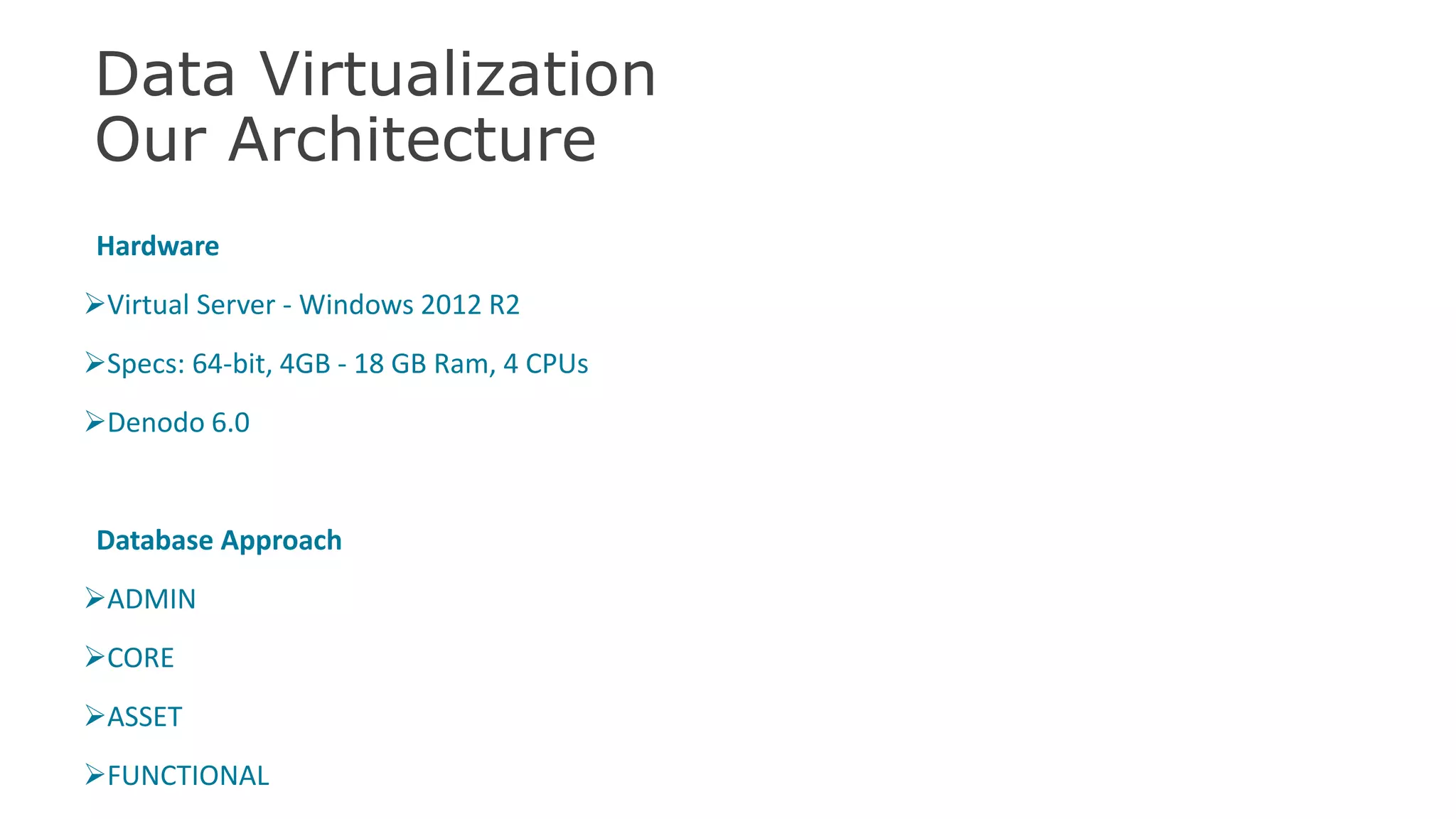 Data Virtualization
Our Architecture
Hardware
Virtual Server - Windows 2012 R2
Specs: 64-bit, 4GB - 18 GB Ram, 4 CPUs
Denodo 6.0
Database Approach
ADMIN
CORE
ASSET
FUNCTIONAL 41
 
