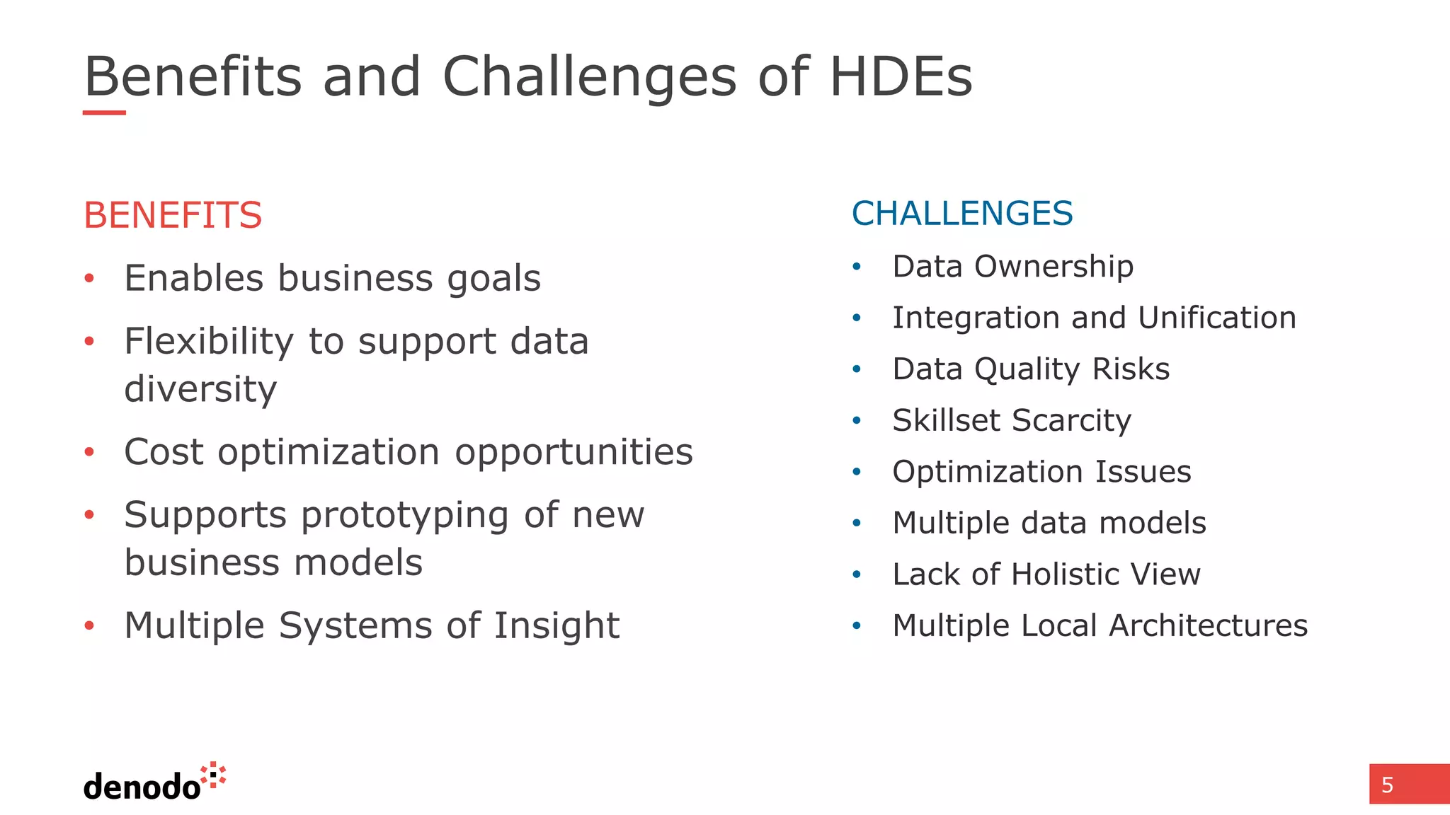 5
BENEFITS
• Enables business goals
• Flexibility to support data
diversity
• Cost optimization opportunities
• Supports prototyping of new
business models
• Multiple Systems of Insight
CHALLENGES
• Data Ownership
• Integration and Unification
• Data Quality Risks
• Skillset Scarcity
• Optimization Issues
• Multiple data models
• Lack of Holistic View
• Multiple Local Architectures
Benefits and Challenges of HDEs
 