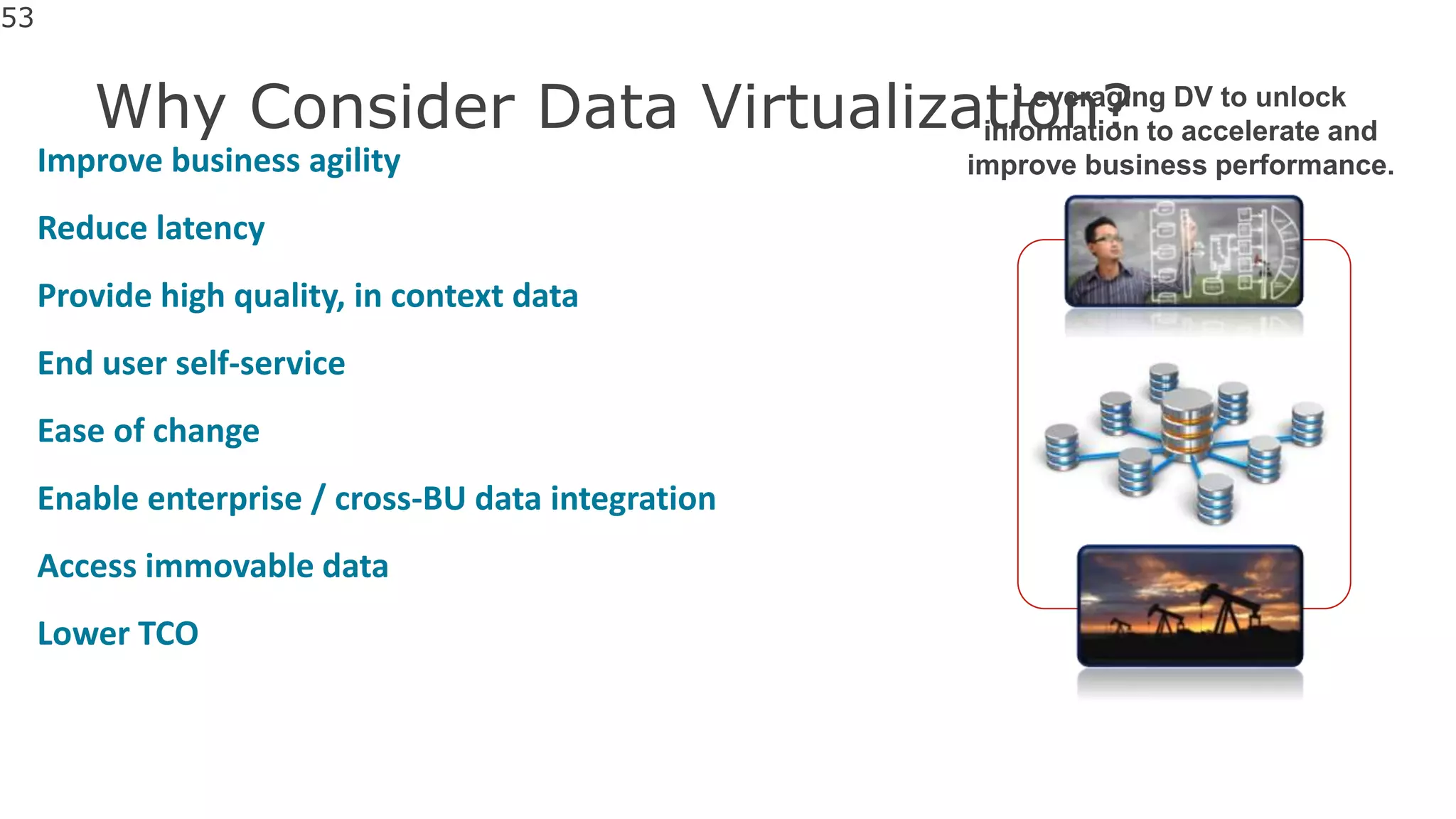 Why Consider Data Virtualization?
Improve business agility
Reduce latency
Provide high quality, in context data
End user self-service
Ease of change
Enable enterprise / cross-BU data integration
Access immovable data
Lower TCO
53
Leveraging DV to unlock
information to accelerate and
improve business performance.
 