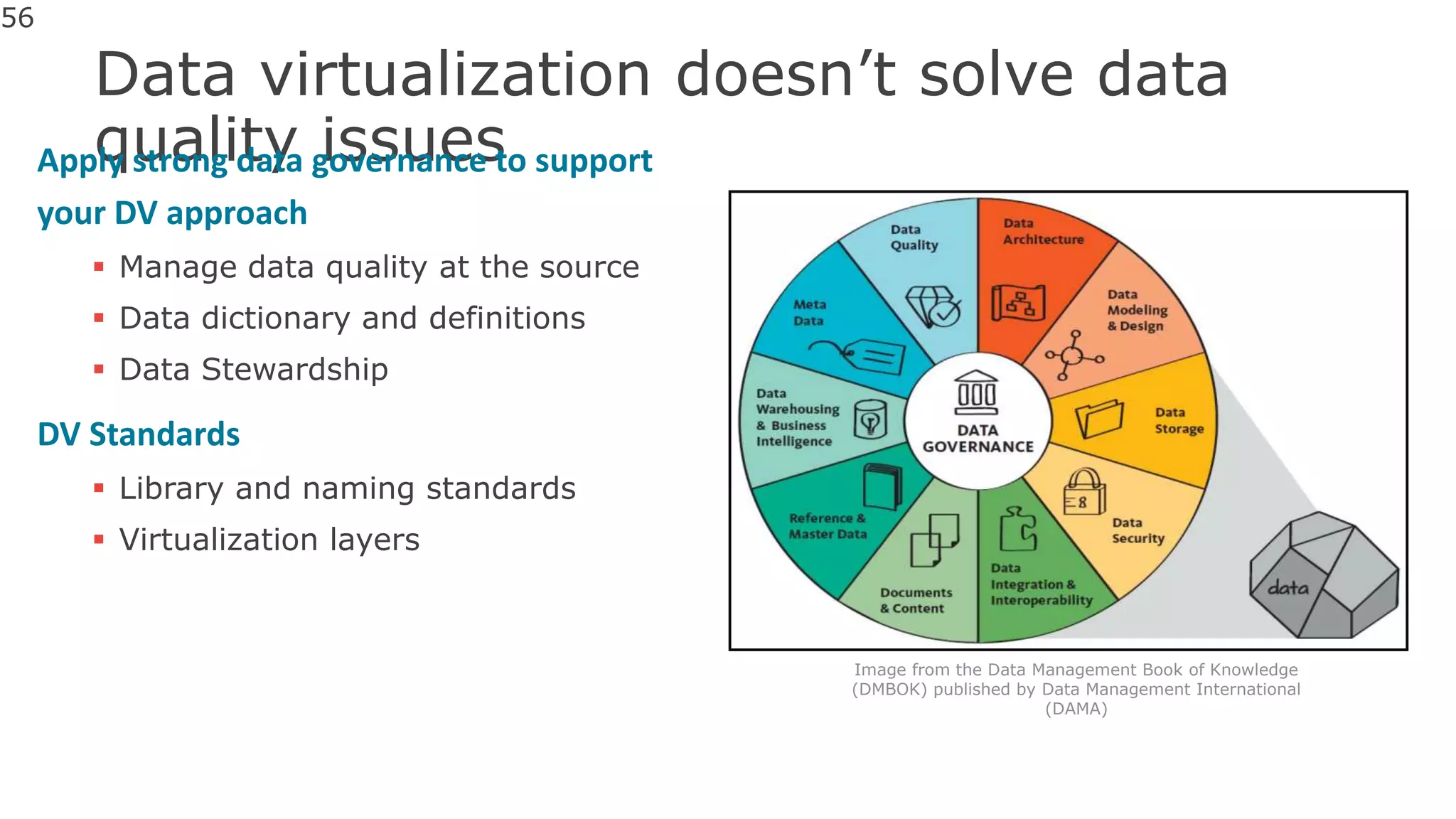 Data virtualization doesn’t solve data
quality issuesApply strong data governance to support
your DV approach
 Manage data quality at the source
 Data dictionary and definitions
 Data Stewardship
DV Standards
 Library and naming standards
 Virtualization layers
56
Image from the Data Management Book of Knowledge
(DMBOK) published by Data Management International
(DAMA)
 