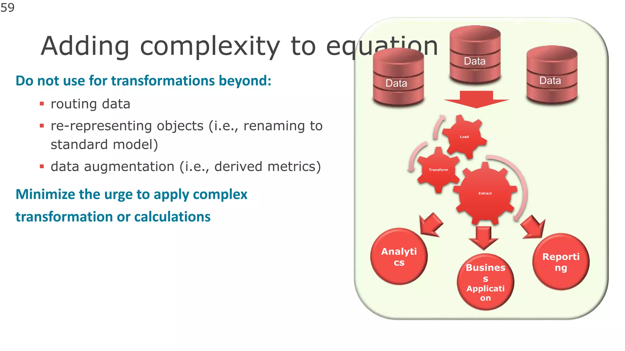 Adding complexity to equation
Do not use for transformations beyond:
 routing data
 re-representing objects (i.e., renaming to
standard model)
 data augmentation (i.e., derived metrics)
Minimize the urge to apply complex
transformation or calculations
59
Extract
Transform
Load
Data
Data
Data
Analyti
cs
Busines
s
Applicati
on
Reporti
ng
 