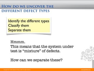 How do we uncover the
different defect types

           Identify the different types
           Classify them
           Separate them


                Hmmm.
                This means that the system under
                test is “mixture” of defects.

                How can we separate these?

Copyright 2011 STAG Software Private Limited. All rights reserved.   www.stagsoftware.com
 