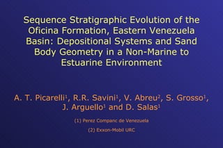 Sequence Stratigraphic Evolution of the Oficina Formation, Eastern Venezuela Basin: Depositional Systems and Sand Body Geometry in a Non-Marine to Estuarine Environment A. T. Picarelli 1 , R.R. Savini 1 , V. Abreu 2 , S. Grosso 1 , J. Arguello 1  and D. Salas 1 (1) Perez Companc de Venezuela (2) Exxon-Mobil URC 