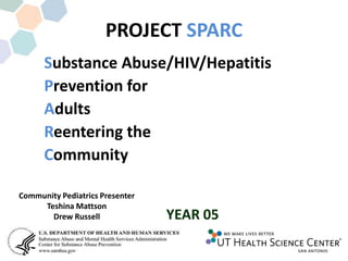 PROJECT SPARC
      Substance Abuse/HIV/Hepatitis
      Prevention for
      Adults
      Reentering the
      Community

Community Pediatrics Presenter
     Teshina Mattson
       Drew Russell              YEAR 05
 