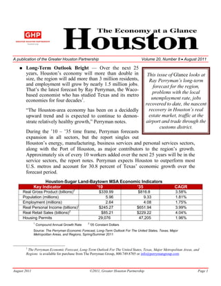 A publication of the Greater Houston Partnership                                     Volume 20, Number 8 August 2011

       Long-Term Outlook Bright             Over the next 25
       years,                                                                              This issue of Glance looks at
       size, the region will add more than 3 million residents,                                                   -term
       and employment will grow by nearly 1.5 million jobs.                                   forecast for the region,
               the latest forecast by Ray Perryman, the Waco-
                                                                                             problems with the local
       based economist who has studied Texas and its metro
       economies for four decades1.                                                          unemployment rate, jobs
                                                                                          recovered to date, the nascent
                    -area economy has been on a decidedly
       upward trend and is expected to continue to demon-                                  estate market, traffic at the
                                                                                          airport and trade through the
                                                                                                 customs district.
       During the 10       35 time frame, Perryman forecasts
       expansion in all sectors, but the report singles out
                                facturing, business services and personal services sectors,
       along with the Port of Houston, as major c
       Approximately six of every 10 workers added over the next 25 years will be in the
       service sectors, the report notes. Perryman expects Houston to outperform most
       U.S. metros and account for                                                over the
       forecast period.
                    Houston-Sugar Land-Baytown MSA Economic Indicators
              Key Indicator               10              35                                            CAGR
     Real Gross Product (billions)2                       $339.99                 $816.8                 3.58%
     Population (millions)                                    5.96                   9.33                1.81%
     Employment (millions)                                    2.64                   4.08                1.75%
     Real Personal Income (billions)2                     $245.27                 $651.94                3.99%
     Real Retail Sales (billions)2                         $85.21                 $229.22                4.04%
     Housing Permits                                      29,076                   47,205                1.96%
              1                                  2
                  Compound Annual Growth Rate        05 Constant Dollars
              Source: The Perryman Economic Forecast, Long-Term Outlook For The United States, Texas, Major
              Metropolitan Areas, and Regions, Spring/Summer 2011



       1
        The Perryman Economic Forecast, Long-Term Outlook For The United States, Texas, Major Metropolitan Areas, and
       Regions is available for purchase from The Perryman Group, 800.749.8705 or info@perrymangroup.com



August 2011                                          ©2011, Greater Houston Partnership                             Page 1
 