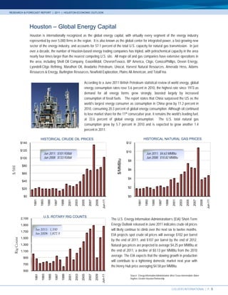 RESEARCH & FORECAST REPORT | 2011 | HOUSTON ECONOMIC OUTLOOK




                       Houston – Global Energy Capital
                       Houston is internationally recognized as the global energy capital, with virtually every segment of the energy industry
                       represented by over 5,000 firms in the region. It is also known as the global center for integrated power, a fast-growing new
                       sector of the energy industry, and accounts for 57.1 percent of the total U.S. capacity for natural gas transmission. In just
                       over a decade, the number of Houston-based energy trading companies has tripled, with petrochemical capacity in the area
                       nearly four times larger than the nearest competing U.S. site. All major oil and gas companies have extensive operations in
                       the area, including Shell Oil Company, ExxonMobil, ChevronTexaco, BP America, Citgo, ConocoPhillips, Devon Energy,
                       Lyondell-Citgo Refining, Marathon Oil, Anadarko Petroleum, Unocal, Harvest Natural Resources, Amerada Hess, Adams
                       Resources & Energy, Burlington Resources, Newfield Exploration, Plains All American, and TotalFina.

                                                                                According to a June 2011 British Petroleum statistical review of world energy, global
                                                                                energy consumption rates rose 5.6 percent in 2010, the highest rate since 1973 as
                                                                                demand for all energy forms grew strongly, boosted largely by increased
                                                                                consumption of fossil fuels. The report states that China surpassed the US as the
                                                                                world’s largest energy consumer as consumption in China grew by 11.2 percent in
                                                                                2010, consuming 20.3 percent of global energy consumption. Although oil continued
                                                                                to lose market share for the 11th consecutive year, it remains the world’s leading fuel,
                                                                                at 33.6 percent of global energy consumption. The U.S. total natural gas
                                                                                consumption grew by 5.7 percent in 2010 and is expected to grow another 1.4
                                                                                percent in 2011.

                                  HISTORICAL CRUDE OIL PRICES                                                                               HISTORICAL NATURAL GAS PRICES
               $140                                                                                                       $12

               $120                                                                                                       $10
                                     Jun 2011: $101.93/bbl                                                                                   Jun 2011: $4.63 MMBtu
               $100                  Jun 2008: $133.93/bbl                                                                                   Jun 2008: $10.82 MMBtu
                                                                                                                $/MMBtu




                                                                                                                           $8
               $80
 $/bbl




                                                                                                                           $6
               $60
                                                                                                                           $4
               $40

               $20                                                                                                         $2

                $0                                                                                                         $0
                                                                                                   Jun-11
                          1991

                                  1993

                                          1995

                                                  1997

                                                         1999

                                                                2001

                                                                       2003

                                                                              2005

                                                                                     2007

                                                                                            2009




                                                                                                                                                                                                               Jun-11
                                                                                                                                     1991

                                                                                                                                            1993

                                                                                                                                                   1995

                                                                                                                                                          1997

                                                                                                                                                                  1999

                                                                                                                                                                         2001

                                                                                                                                                                                2003

                                                                                                                                                                                       2005

                                                                                                                                                                                               2007

                                                                                                                                                                                                        2009




                                     U.S. ROTARY RIG COUNTS
               2,100                                                                                        The U.S. Energy Information Administration’s (EIA) Short-Term
               1,900                                                                                        Energy Outlook released in June 2011 indicates crude oil prices
                            Jun 2011: 1,350                                                                 will likely continue to climb over the next six to twelve months.
               1,700
                            Jun 2008: 1,877.5                                                               EIA projects spot crude oil prices will average $102 per barrel
               1,500
   Rig Count




                                                                                                            by the end of 2011, and $107 per barrel by the end of 2012.
               1,300                                                                                        Natural gas prices are projected to average $4.25 per MMBtu at
               1,100                                                                                        the end of 2011, a decline of $0.13 per MMBtu from the 2010
                                                                                                            average. The EIA expects that the slowing growth in production
                900
                                                                                                            will contribute to a tightening domestic market next year with
                700
                                                                                                            the Henry Hub price averaging $4.58 per MMBtu.
                500
                                                                                                                            Source: Energy Information Administration; West Texas Intermediate; Baker
                                                                                                   Jun-11
                           1991

                                   1993

                                           1995

                                                  1997

                                                         1999

                                                                2001

                                                                       2003

                                                                              2005

                                                                                     2007

                                                                                            2009




                                                                                                                            Hughes; Greater Houston Partnership



                                                                                                                                                                         COLLIERS INTERNATIONAL | P. 5
 