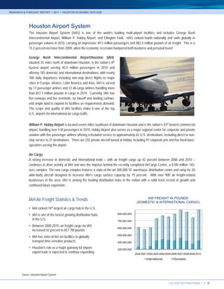 RESEARCH & FORECAST REPORT | 2011 | HOUSTON ECONOMIC OUTLOOK




              Houston Airport System
              The Houston Airport System (HAS) is one of the world’s leading multi-airport facilities and includes George Bush
              Intercontinental Airport, William P. Hobby Airport, and Ellington Field. HAS ranked fourth nationally and sixth globally in
              passenger volume in 2010, carrying an impressive 49.5 million passengers and 882.5 million pounds of air freight. This is a
              15.2 percent increase from 2009, when the economic recession hampered both business and personal travel.

              George Bush Intercontinental Airport/Houston (IAH),
              situated 35 miles north of downtown Houston, is the nation’s 8th
              busiest airport serving 40.4 million passengers in 2010 and
              offering 185 domestic and international destinations, with nearly
              700 daily departures including non-stop direct flights to major
              cities in Europe, Mexico, Latin America and Asia. IAH is served
              by 17 passenger airlines and 12 all-cargo airlines handling more
              than 857.7 million pounds in cargo in 2010. Currently, IAH has
              five runways and five terminals, no takeoff and landing curfews,
              and ample land to expand its facilities as requirements demand.
              The scope and quality of IAH facilities make it one of the top
              U.S. airports for international air cargo traffic.


              William P. Hobby Airport is located seven miles southeast of downtown Houston and is the nation’s 43rd busiest commercial
              airport, handling over 9 M passengers in 2010. Hobby Airport also serves as a major regional center for corporate and private
              aviation with five passenger airlines offering scheduled service to approximately 65 U.S. destinations, including direct or non-
              stop service to 31 destinations. There are 255 private aircraft based at Hobby, including 91 corporate jets and five fixed-base-
              operators serving the airport.

              Air Cargo
              A strong increase in domestic and international trade – with air freight cargo up 42 percent between 2000 and 2010 –
              continues to drive activity at IAH and was the impetus behind the recently completed AirCargo Center, a $180 million 165-
              acre complex. The new cargo complex features a state-of-the-art 500,000 SF warehouse distribution center and ramp for 20
              wide-body aircraft designed to increase IAH’s cargo surface capacity by 75 percent. With over 900 air freight-related
              businesses in the area, IAH is among the leading distribution hubs in the nation with a solid track record of growth and
              continued future expansion.



              IAH Air Freight Statistics & Trends                                                     AIR FREIGHT IN POUNDS
                                                                                                 (DOMESTIC & INTERNATIONAL CARGO)
              • IAH ranked 16th largest air cargo hub in the U.S.
              • IAH is one of the fastest growing distribution hubs               800,000,000

                in the U.S.                                                       700,000,000
              • Between 2000-2010, air freight cargo via IAH
                                                                                  600,000,000
                increased 42 percent to 857.7M pounds
              • IAH has state-of-the-art facilities to globally                   500,000,000

                transport time-sensitive products                                 400,000,000

              • Houston’s role as a major gateway for import-                     300,000,000
                export trade is expected to continue expanding                                  2000 2001 2002 2003 2004 2005 2006 2007 2008 2009 2010

                                                                                                         International         Domestic




        Source: Houston Airport System

                                                                                                                           COLLIERS INTERNATIONAL | P. 9
 