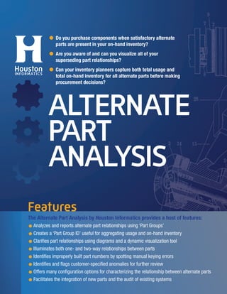 •	Do you purchase components when satisfactory alternate
	 parts are present in your on-hand inventory?
•	Are you aware of and can you visualize all of your
	 superseding part relationships?
•	Can your inventory planners capture both total usage and
	 total on-hand inventory for all alternate parts before making
	 procurement decisions?
Features
The Alternate Part Analysis by Houston Informatics provides a host of features:
•	Analyzes and reports alternate part relationships using ‘Part Groups’
•	Creates a ‘Part Group ID’ useful for aggregating usage and on-hand inventory
•	Clarifies part relationships using diagrams and a dynamic visualization tool
•	Illuminates both one- and two-way relationships between parts
•	Identifies improperly built part numbers by spotting manual keying errors
•	Identifies and flags customer-specified anomalies for further review
•	Offers many configuration options for characterizing the relationship between alternate parts
•	Facilitates the integration of new parts and the audit of existing systems
 