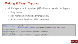 Making it Easy: Cryptex
 Multi-layer crypto system (HSM basis, scale out layer)
   Easy to use
   Key management handled transparently
   Access control and auditable operations
 