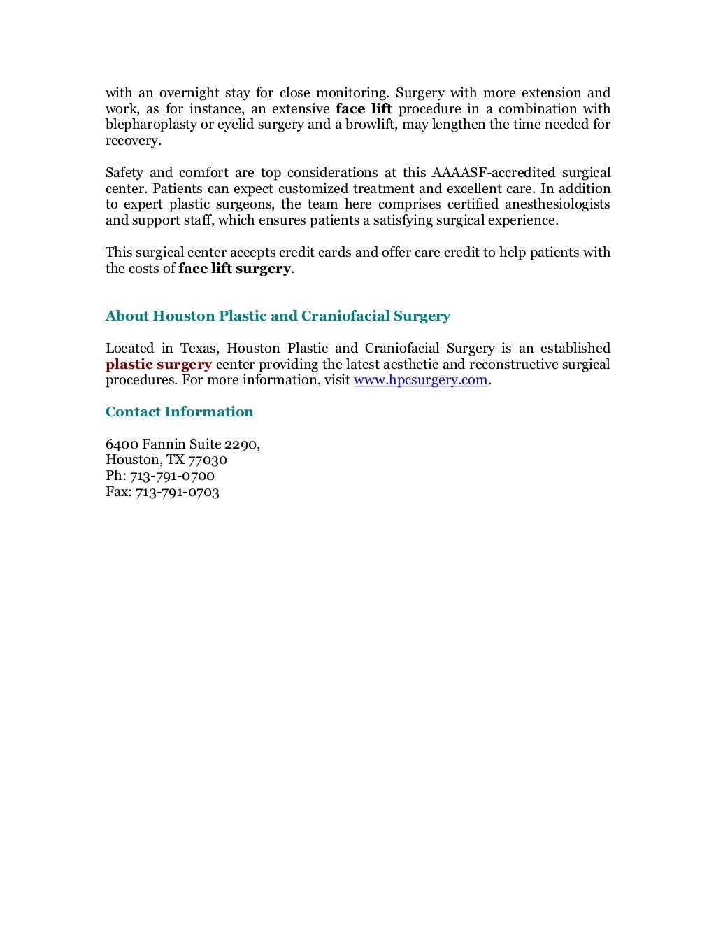 Houston plastic and craniofacial surgery offering effective facelift