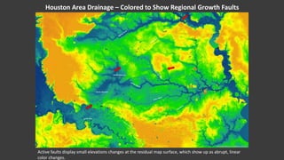 Houston Area Drainage – Colored to Show Regional Growth Faults
Active faults display small elevations changes at the residual map surface, which show up as abrupt, linear
color changes.
Brazos River
Addicks Reservoir
Barker Reservoir
 