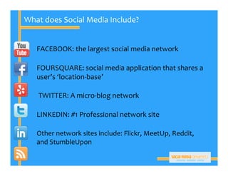 What does Social Media Include?


   FACEBOOK: the largest social media network

   FOURSQUARE: social media application that shares a
   user’s ‘location‐base’

   TWITTER: A micro‐blog network

   LINKEDIN: #1 Professional network site

   Other network sites include: Flickr, MeetUp, Reddit,
   and StumbleUpon
 