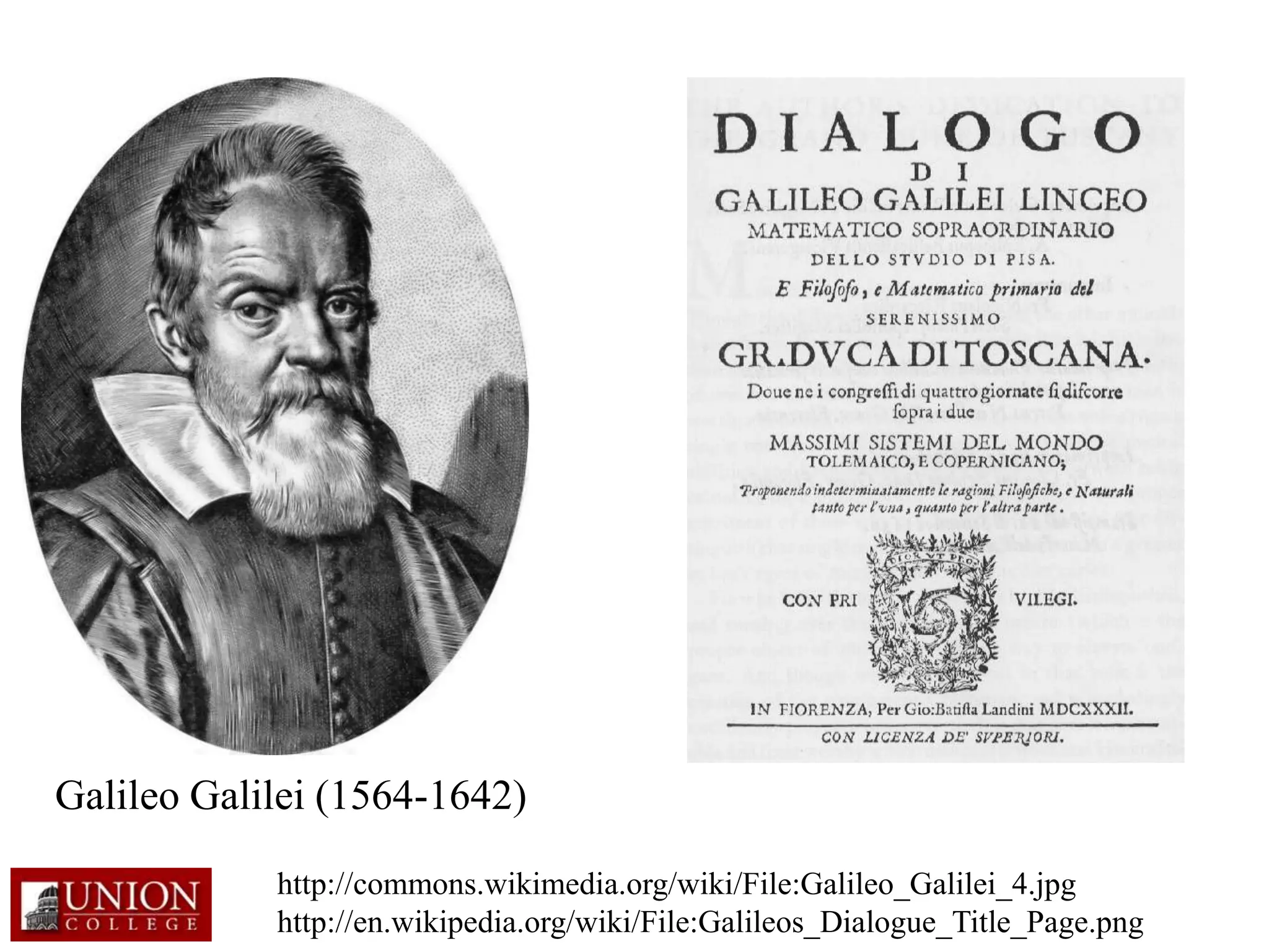 Galileo Galilei (1564-1642)
http://commons.wikimedia.org/wiki/File:Galileo_Galilei_4.jpg
http://en.wikipedia.org/wiki/File:Galileos_Dialogue_Title_Page.png
 