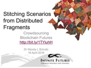 Stitching Scenarios
from Distributed
Fragments
Crowdsourcing
Blockchain Futures
http://bit.ly/1TYiuhH
Dr Wendy L Schultz
16 April 2016
 