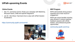 4
Online Events
• Dec 19 - Connector Corner: Power your campaign with Mailchimp,
Microsoft Teams, CRM and OpenAI integrations
• Jan 25 - Dev Dives: Fast-track time to value with UiPath Solution
Accelerators
https://community.uipath.com/events/
MVP Program
MVPs demonstrate strong product
expertise and a track record of
engagement
MVPs get unique benefits including
early access to product roadmap,
feedback sessions with UiPath
leaders, and professional growth
opportunities.
community.uipath.com/mvp
UiPath upcoming Events
 