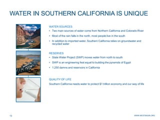 WWW.WESTBASIN.ORG13
WATER IN SOUTHERN CALIFORNIA IS UNIQUE
WATER SOURCES
• Two main sources of water come from Northern California and Colorado River
• Most of the rain falls in the north, most people live in the south
• In addition to imported water, Southern California relies on groundwater and
recycled water
RESERVES
• State Water Project (SWP) moves water from north to south
• SWP is an engineering feat equal to building the pyramids of Egypt
• 1,250 damns and reservoirs in California
QUALITY OF LIFE
Southern California needs water to protect $1 trillion economy and our way of life
 