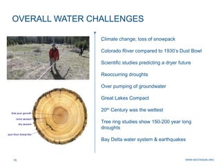 WWW.WESTBASIN.ORG15
OVERALL WATER CHALLENGES
.Climate change; loss of snowpack
Colorado River compared to 1930’s Dust Bowl
Scientific studies predicting a dryer future
Reoccurring droughts
Over pumping of groundwater
Great Lakes Compact
20th Century was the wettest
Tree ring studies show 150-200 year long
droughts
Bay Delta water system & earthquakes
 