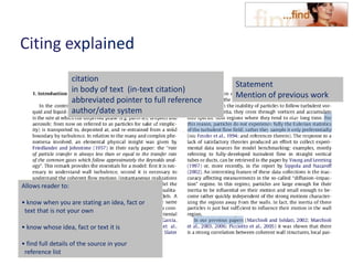Citing explained
Statement
Mention of previous work
citation
in body of text (in-text citation)
abbreviated pointer to full reference
author/date system
Allows reader to:
• know when you are stating an idea, fact or
text that is not your own
• know whose idea, fact or text it is
• find full details of the source in your
reference list
 