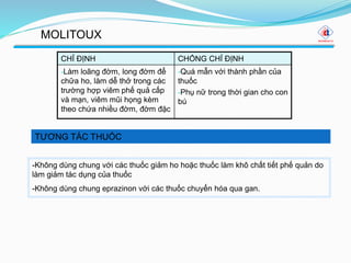 TƯƠNG TÁC THUỐC
MOLITOUX
CHỈ ĐỊNH CHỐNG CHỈ ĐỊNH
-Làm loãng đờm, long đờm để
chữa ho, làm dễ thở trong các
trường hợp viêm phế quả cấp
và mạn, viêm mũi họng kèm
theo chứa nhiều đờm, đờm đặc
-Quá mẫn với thành phần của
thuốc
-Phụ nữ trong thời gian cho con
bú
-Không dùng chung với các thuốc giảm ho hoặc thuốc làm khô chất tiết phế quản do
làm giảm tác dụng của thuốc
-Không dùng chung eprazinon với các thuốc chuyển hóa qua gan.
 