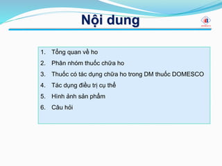 Nội dung
1. Tổng quan về ho
2. Phân nhóm thuốc chữa ho
3. Thuốc có tác dụng chữa ho trong DM thuốc DOMESCO
4. Tác dụng điều trị cụ thể
5. Hình ảnh sản phẩm
6. Câu hỏi
 