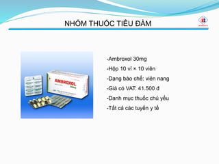 NHÓM THUỐC TIÊU ĐÀM
-Ambroxol 30mg
-Hộp 10 vỉ × 10 viên
-Dạng bào chế: viên nang
-Giá có VAT: 41.500 đ
-Danh mục thuốc chủ yếu
-Tất cả các tuyến y tế
 