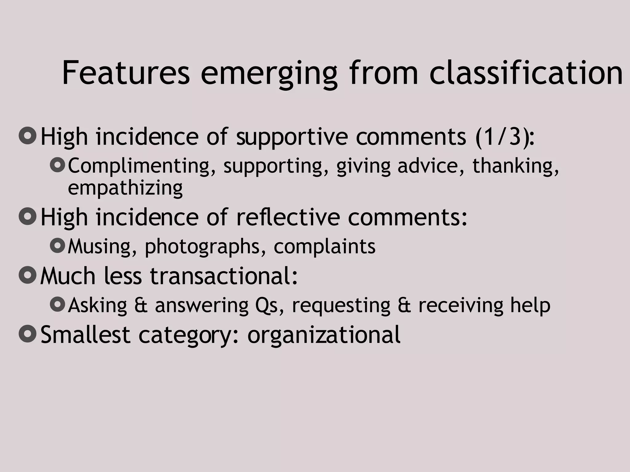 Features emerging from classification High incidence of supportive comments (1/3): Complimenting, supporting, giving advice, thanking, empathizing High incidence of reflective comments: Musing, photographs, complaints Much less transactional: Asking & answering Qs, requesting & receiving help Smallest category: organizational 
