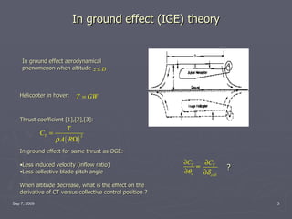 In ground effect (IGE) theory Sep 7, 2009 In ground effect for same thrust as OGE: Less induced velocity (inflow ratio) Less collective blade pitch angle When altitude decrease, what is the effect on the derivative of CT versus collective control position ? ? In ground effect aerodynamical phenomenon when altitude Helicopter in hover: Thrust coefficient [1],[2],[3]: 