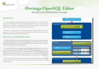 Hovitaga OpenSQL Editor
                                                       Security and Authorization concept

Introduction
  The most frequently asked questions about the purchase of an SAP add-on are
about security. What are the risks of installing the add-on? Does my business-critical
data become available for unauthorized access? What are the chances of downtime of
productive systems due to the malfunctioning of the add-on?

  Based on our experience we have designed the OpenSQL Editor with these
questions in mind. Our products use the standard SAP authorization framework to
protect the system against unauthorized access.

Overview of the OpenSQL Editor
  The OpenSQL Editor is a powerful tool that helps SAP consultants, ABAP developers
and basis administrators to work with the database of an SAP system. It provides an
intuitive way to build ad-hoc reports and statistics with simple OpenSQL commands.
No further ABAP programming is required.

  The OpenSQL Editor uses multiple authority objects provided by SAP and used
by most of the customers worldwide. This means that if those authority objects are
already configured in an SAP system, no additional effort is required. Additionally any
number of authorization objects can be assigned to database tables, so every query
will check if the user has the necessary authorizations to work with the required data.

  All the row and column level authorization checks are integrated to the queries
sent to the database server to avoid retrieving unnecessary data and to minimize
network traffic.
 