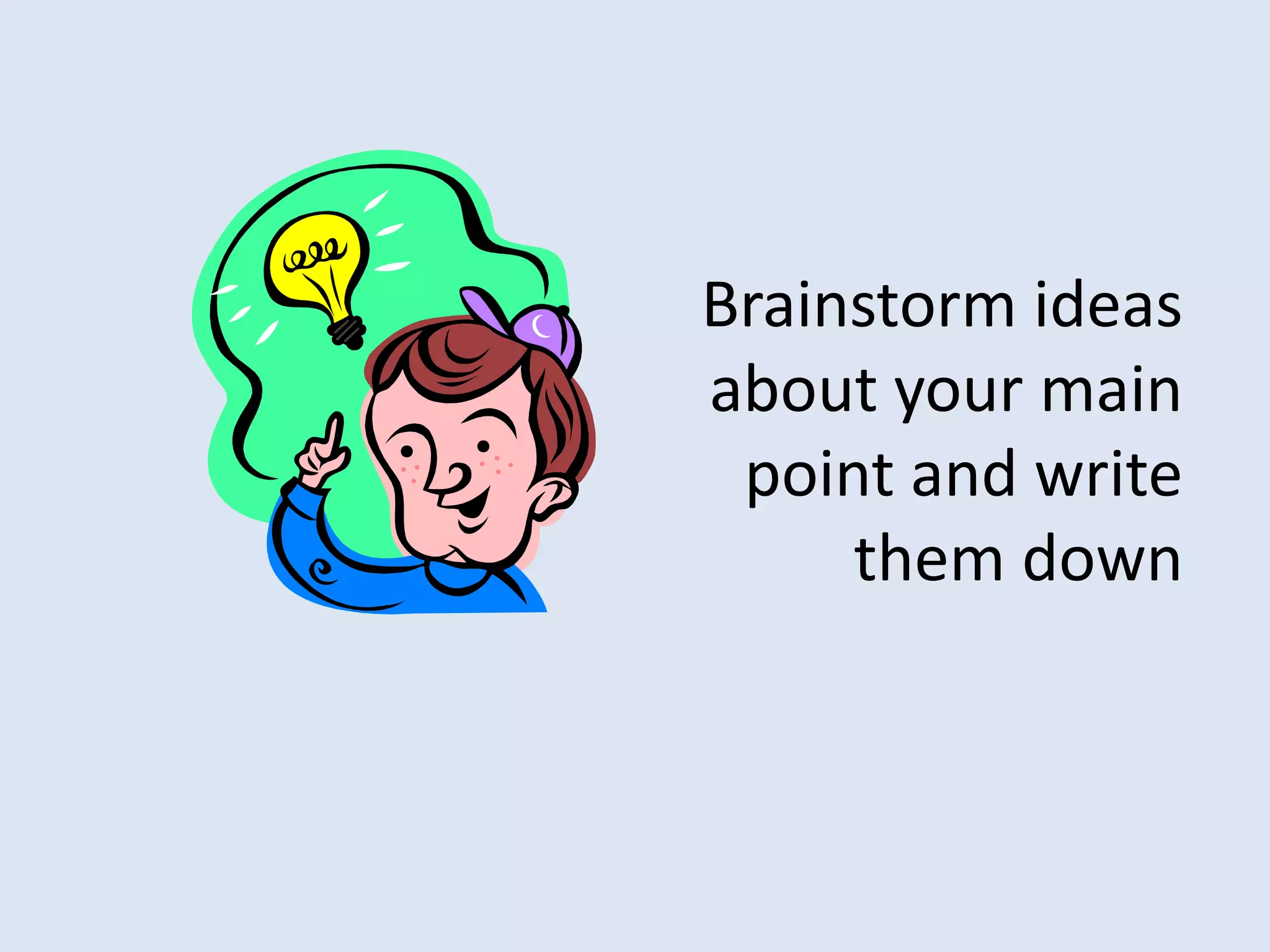 Brainstorm ideas about your main point and write them down