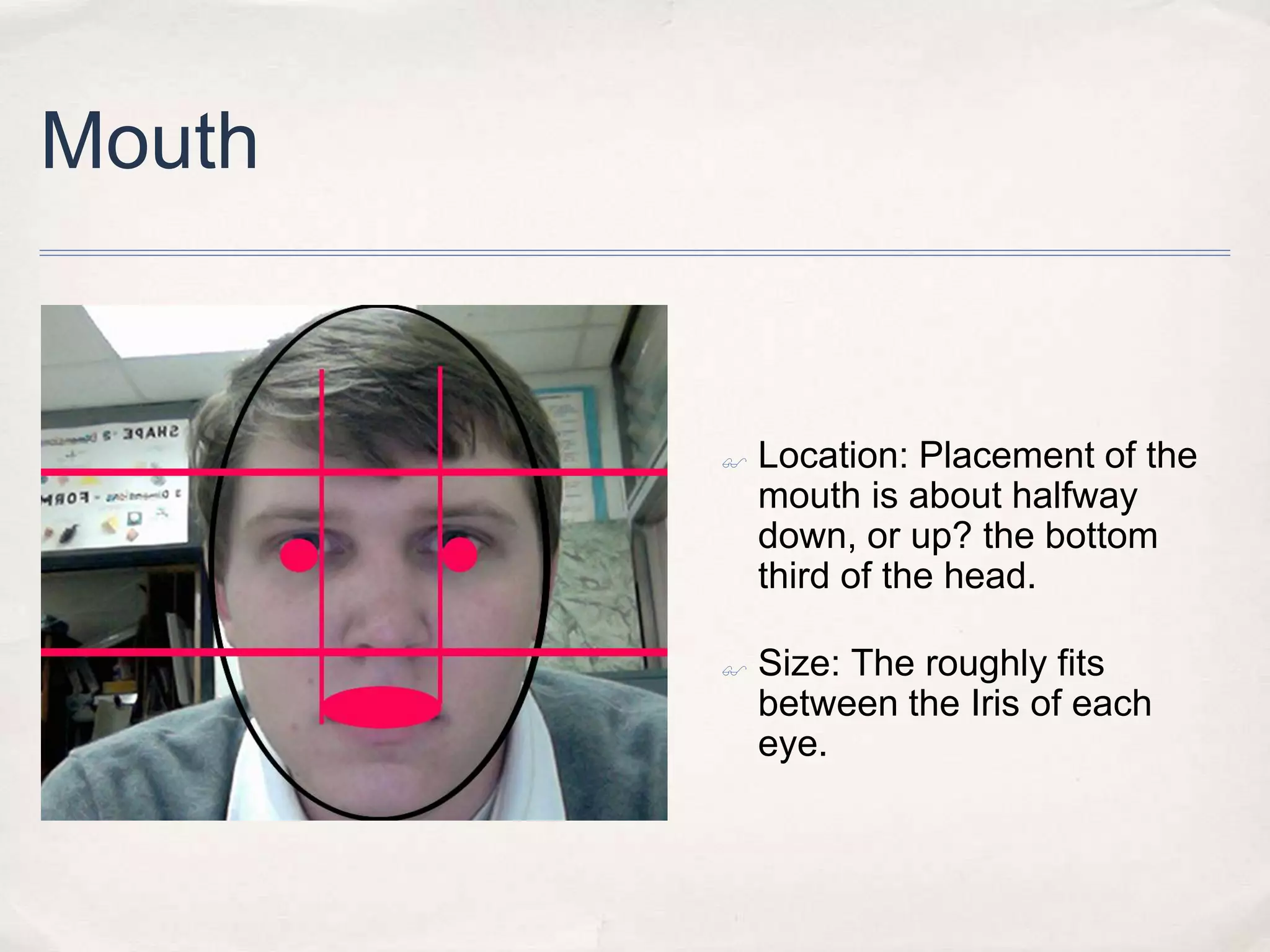 Mouth
Location: Placement of the
mouth is about halfway
down, or up? the bottom
third of the head.
Size: The roughly fits
between the Iris of each
eye.