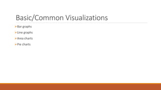 Basic/Common Visualizations 
Bar graphs 
Line graphs 
Area charts 
Pie charts 
 