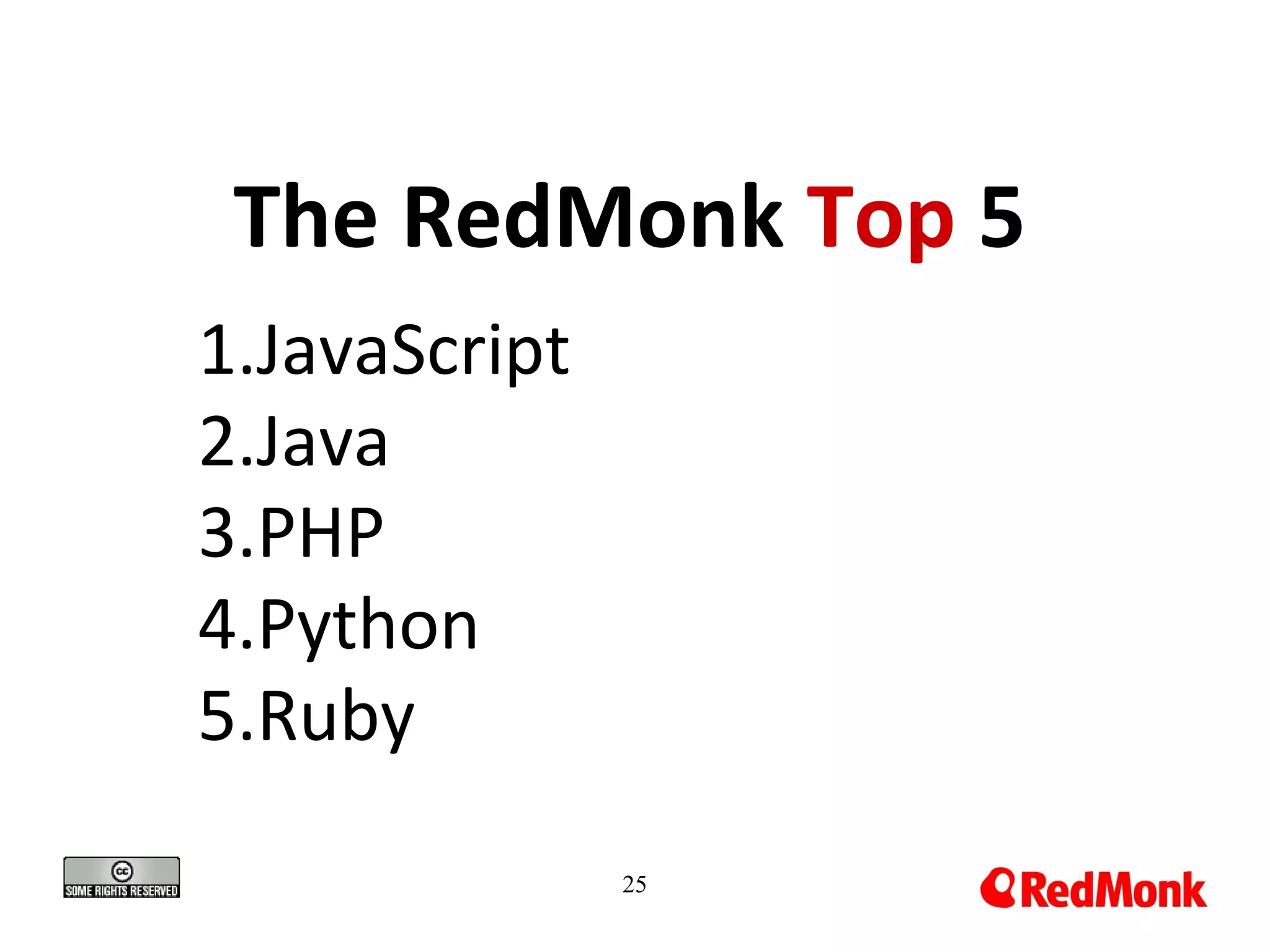 The RedMonk Top 5
1.JavaScript
2.Java
3.PHP
4.Python
5.Ruby
25