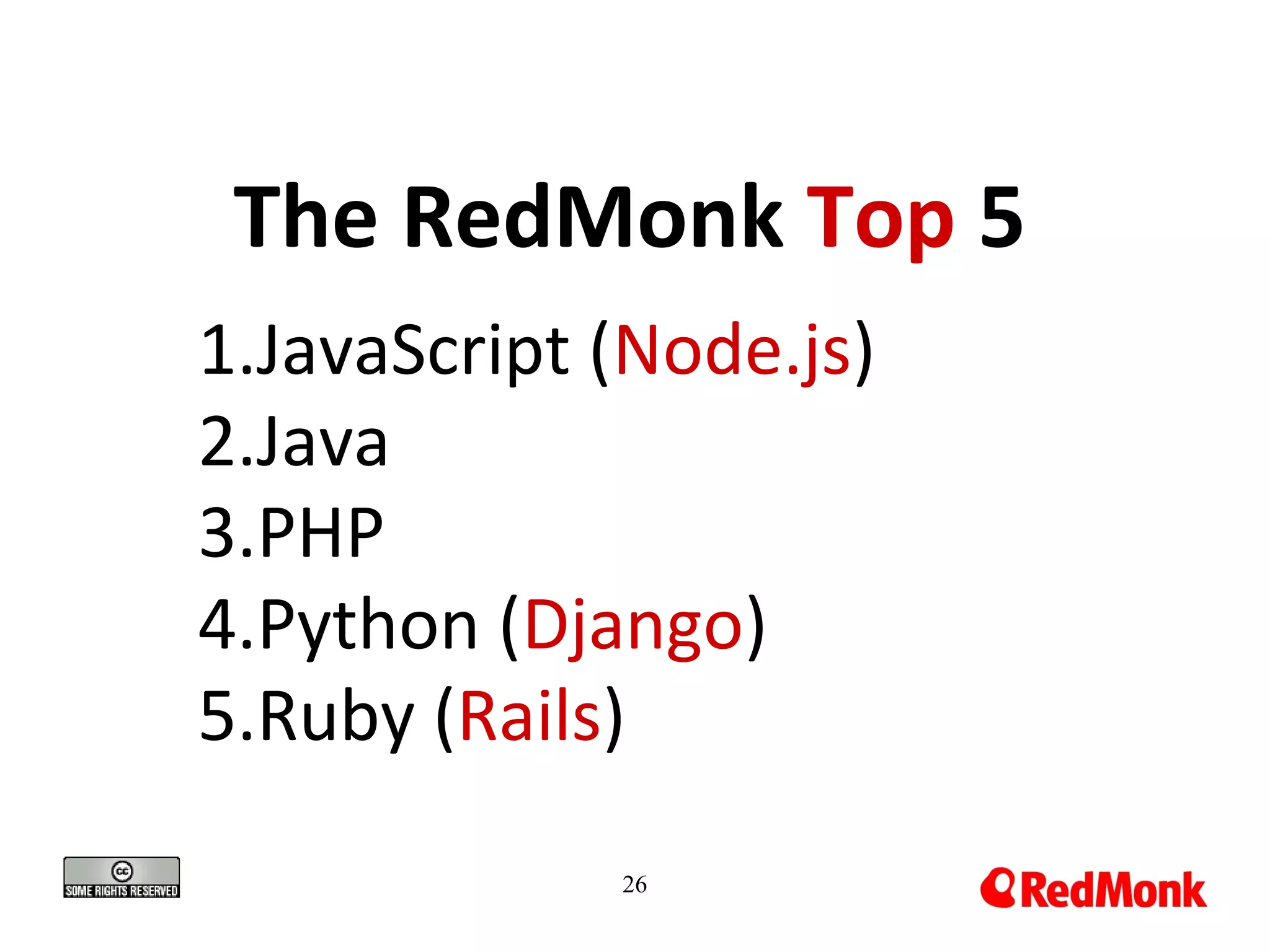 The RedMonk Top 5
1.JavaScript (Node.js)
2.Java
3.PHP
4.Python (Django)
5.Ruby (Rails)
26