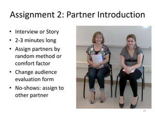 Assignment 2: Partner Introduction
• Interview or Story
• 2-3 minutes long
• Assign partners by
random method or
comfort factor
• Change audience
evaluation form
• No-shows: assign to
other partner
20

 