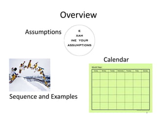 Overview
Assumptions

Calendar

Sequence and Examples
8

 