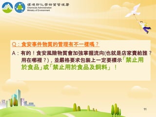 Q：食安事件物質的管理有不一樣嗎？
A：有的！食安風險物質會加強掌握流向(也就是店家賣給誰？
用在哪裡？)，並嚴格要求包裝上一定要標示「禁止用
於食品」或「禁止用於食品及飼料」 ！
11
 