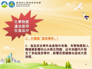 化學物質
違法使用
在食品中
Q：什麼是「食安事件」？
A：食品安全事件為食物中有毒、有害物質對人
體健康影響的公共衛生問題，近年來國內外發
生了多起食安事件，影響民眾健康也造成大眾
恐慌。
3
 