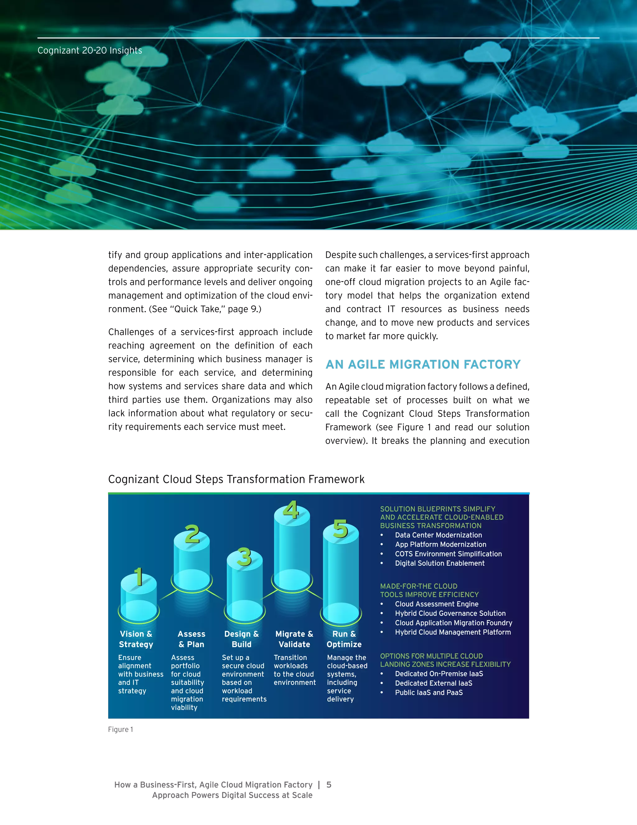 5|How a Business-First, Agile Cloud Migration Factory
Approach Powers Digital Success at Scale
tify and group applications and inter-application
dependencies, assure appropriate security con-
trols and performance levels and deliver ongoing
management and optimization of the cloud envi-
ronment. (See “Quick Take,” page 9.)
Challenges of a services-first approach include
reaching agreement on the definition of each
service, determining which business manager is
responsible for each service, and determining
how systems and services share data and which
third parties use them. Organizations may also
lack information about what regulatory or secu-
rity requirements each service must meet.
Despite such challenges, a services-first approach
can make it far easier to move beyond painful,
one-off cloud migration projects to an Agile fac-
tory model that helps the organization extend
and contract IT resources as business needs
change, and to move new products and services
to market far more quickly.
AN AGILE MIGRATION FACTORY
An Agile cloud migration factory follows a defined,
repeatable set of processes built on what we
call the Cognizant Cloud Steps Transformation
Framework (see Figure 1 and read our solution
overview). It breaks the planning and execution
Cognizant 20-20 Insights
Figure 1
11
22
33
44
55
Cognizant Cloud Steps Transformation Framework
Vision &
Strategy
Ensure
alignment
with business
and IT
strategy
Assess
& Plan
Assess
portfolio
for cloud
suitability
and cloud
migration
viability
Design &
Build
Set up a
secure cloud
environment
based on
workload
requirements
Migrate &
Validate
Transition
workloads
to the cloud
environment
Run &
Optimize
Manage the
cloud-based
systems,
including
service
delivery
SOLUTION BLUEPRINTS SIMPLIFY
AND ACCELERATE CLOUD-ENABLED
BUSINESS TRANSFORMATION
•	 Data Center Modernization
•	 App Platform Modernization
•	 COTS Environment Simplification
•	 Digital Solution Enablement
MADE-FOR-THE CLOUD
TOOLS IMPROVE EFFICIENCY
•	 Cloud Assessment Engine
•	 Hybrid Cloud Governance Solution
•	 Cloud Application Migration Foundry
•	 Hybrid Cloud Management Platform
OPTIONS FOR MULTIPLE CLOUD
LANDING ZONES INCREASE FLEXIBILITY
•	 Dedicated On-Premise IaaS
•	 Dedicated External IaaS
•	 Public IaaS and PaaS
 
