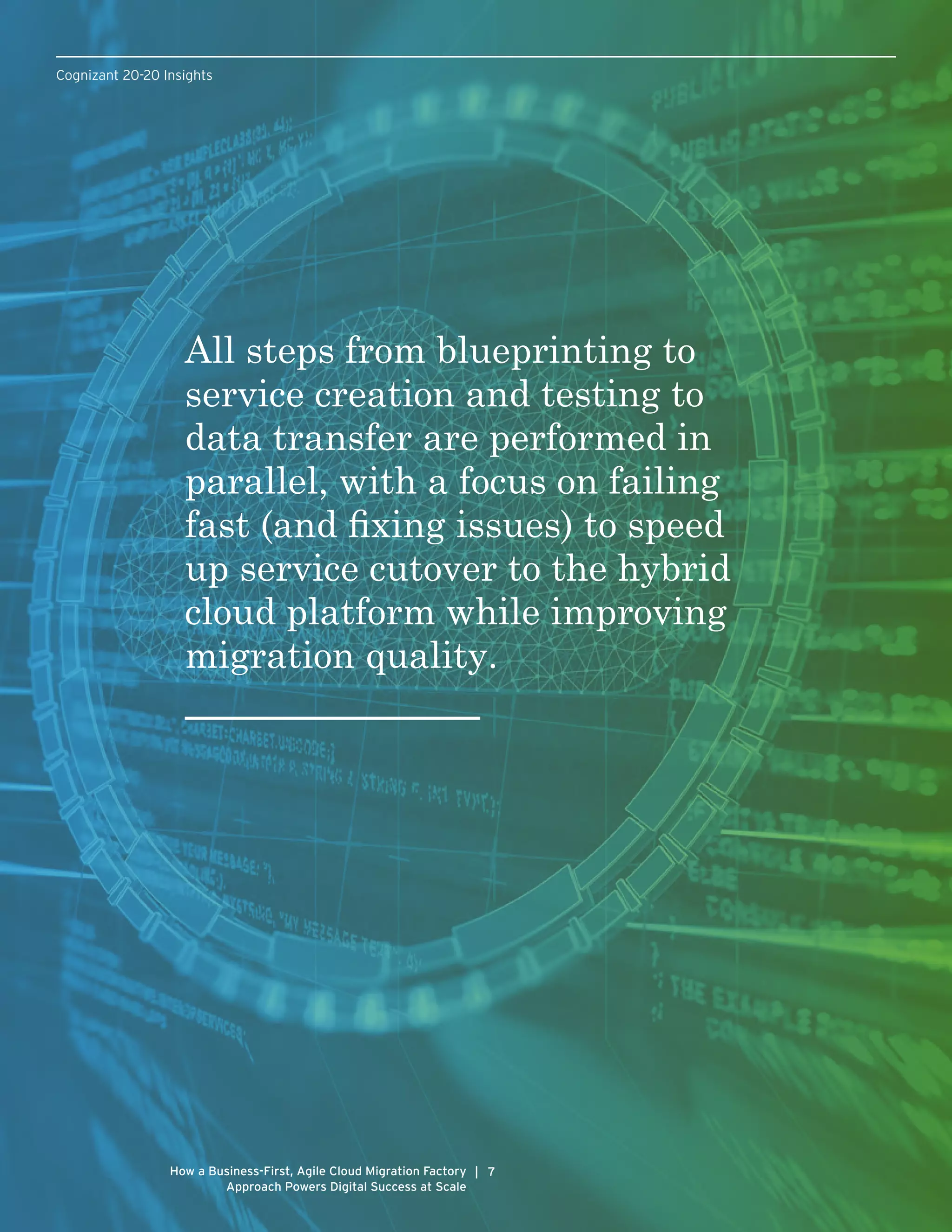All steps from blueprinting to
service creation and testing to
data transfer are performed in
parallel, with a focus on failing
fast (and fixing issues) to speed
up service cutover to the hybrid
cloud platform while improving
migration quality.
Cognizant 20-20 Insights
7|How a Business-First, Agile Cloud Migration Factory
Approach Powers Digital Success at Scale
 