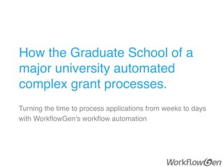 How the Graduate School of a
major university automated
complex grant processes.
Turning the time to process applications from weeks to days
with WorkﬂowGen's workﬂow automation
 