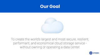 Our Goal
To create the world’s largest and most secure, resilient,
performant, and economical cloud storage service -
with...