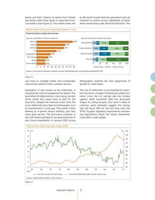 banks, and their reliance on advice from friends                               by Microsoft reveals that this generation puts an
and family rather than banks in important finan-                               emphasis on online service capabilities of banks
cial matters (see Figure 3). This means banks will                             when researching a new financial institution. This

Banks Need to Focus on Gaining Customer Trust
Financial advice needs and sources.

 Sources consulted on financial decisions                                        Sources trusted for financial decisions
       Parents                                                       49%
                                                                                 Spouse/Family 10% 8%             27%                  55%
        Friends                                             39%
       Internet                                            37%                 Financial advisor       19%        23%                 43%               15%
              TV                                 27%
 Newspapers                                19%                                   National banks        18%          31%                41%              10%
  Don't know                             16%
                                                                                       Yourself 9% 5%             24%                  62%
         Radio                      12%
 Social media                       12%                                                            0         20         40       60          80          100
                   0     5     10   15    20 25 30 35 40 45 50                                         Don't know         None   Some        A lot

Source: Cisco Internet Business Solutions Group; Allstate/National Journal Heartland Monitor Poll


Figure 3

now have to compete harder and considerably                                    demographic presents the next opportunity of
improve the quality of their customer service.                                 growth for retail banks.

Generation Y,1 also known as the millennials, is                               The rise of millennials is accompanied by impor-
changing the rules of engagement for banks. This                               tant economic changes. Following the global eco-
generation of digital natives is tech-savvy, socially                          nomic crisis, the U.S. savings rate has trended
active online and craves tools to plan for the                                 upward, while household debt has decreased
long term. Despite the financial strain from the                               (Figure 4). Going forward, this trend is likely to
crisis, millennials have taken to technologies such                            continue; some estimates suggest the savings
as smartphones in a big way. They prefer online                                rate will touch 10% for the first time since the
banking to in-person branch banking, and they                                  1970s. Tougher regulatory requirements and wan-
value good service. The tech-savvy customer is                                 ing expectations about the future, meanwhile,
also self-reliant and likes to use advanced tools to                           could affect credit uptake.
plan future investments. A January 2010 survey

 Post-Crisis: Higher Savings, Lower Debt

  14    %                                                                                                                                      %        140

                                                                                                                                                        130
  12
                                                                                                                                                        120
  10
                                                                                                                                                        110
  8                                                                                                                                                     100

   6                                                                                                                                                    90

                                                                                                                                                        80
   4
                                                                                                                                                        70
   2
                                                                                                                                                        60

  0                                                                                                                                                     50
        ‘60              ‘65             ‘70      ‘75        ‘80         ‘85          ‘90              ‘95          ‘00          ‘05              ‘10
 Year
                       Personal saving rate (left scale)         Household debt/disposable income (right scale)

 Source: Federal Reserve Bank of San Francisco
 Figure 4
Figure 4



                                                 cognizant reports              5
 