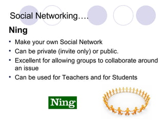 Social Networking…. Ning Make your own Social Network Can be private (invite only) or public. Excellent for allowing groups to collaborate around an issue Can be used for Teachers and for Students 