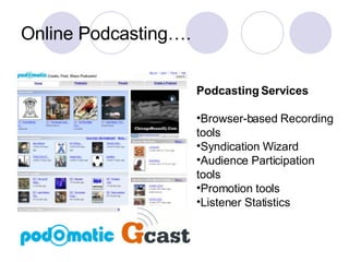 Online Podcasting…. Podcasting Services Browser-based Recording tools  Syndication Wizard  Audience Participation tools  Promotion tools  Listener Statistics   
