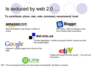 Is seduced by web 2.0…. To contribute, share, rate, vote, comment, recommend, trust Recommendations, star ratings, invitation to review Content aggregators - bubble up popular content, connect you with like-minded people RSS feeds - notify of changes in real-time, threads make connections People who bought this also bought….You can trust this person…. Pagerank - popular pages rise to the top of the table P2P - The more popular the file, the more routes and bandwidth, the faster it is served 