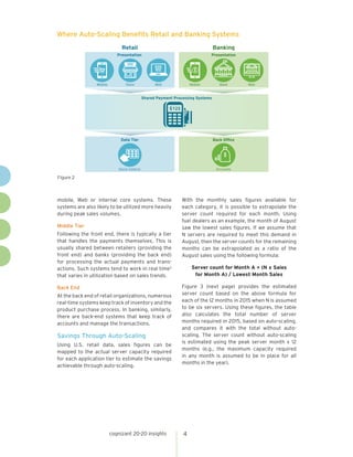 cognizant 20-20 insights 4
mobile, Web or internal core systems. These
systems are also likely to be utilized more heavily
during peak sales volumes.
Middle Tier
Following the front end, there is typically a tier
that handles the payments themselves. This is
usually shared between retailers (providing the
front end) and banks (providing the back end)
for processing the actual payments and trans-
actions. Such systems tend to work in real time3
that varies in utilization based on sales trends.
Back End
At the back end of retail organizations, numerous
real-time systems keep track of inventory and the
product purchase process. In banking, similarly,
there are back-end systems that keep track of
accounts and manage the transactions.
Savings Through Auto-Scaling
Using U.S. retail data, sales figures can be
mapped to the actual server capacity required
for each application tier to estimate the savings
achievable through auto-scaling.
With the monthly sales figures available for
each category, it is possible to extrapolate the
server count required for each month. Using
fuel dealers as an example, the month of August
saw the lowest sales figures. If we assume that
N servers are required to meet this demand in
August, then the server counts for the remaining
months can be extrapolated as a ratio of the
August sales using the following formula:
Server count for Month A = (N x Sales
for Month A) / Lowest Month Sales
Figure 3 (next page) provides the estimated
server count based on the above formula for
each of the 12 months in 2015 when N is assumed
to be six servers. Using these figures, the table
also calculates the total number of server
months required in 2015, based on auto-scaling,
and compares it with the total without auto-
scaling. The server count without auto-scaling
is estimated using the peak server month x 12
months (e.g., the maximum capacity required
in any month is assumed to be in place for all
months in the year).
Where Auto-Scaling Benefits Retail and Banking Systems
Retail
Mobile Store Web Mobile Bank Web
Banking
Shared Payment Processing Systems
Data Tier Back Office
Stock Control Accounts
Presentation Presentation
Figure 2Figure 2
 