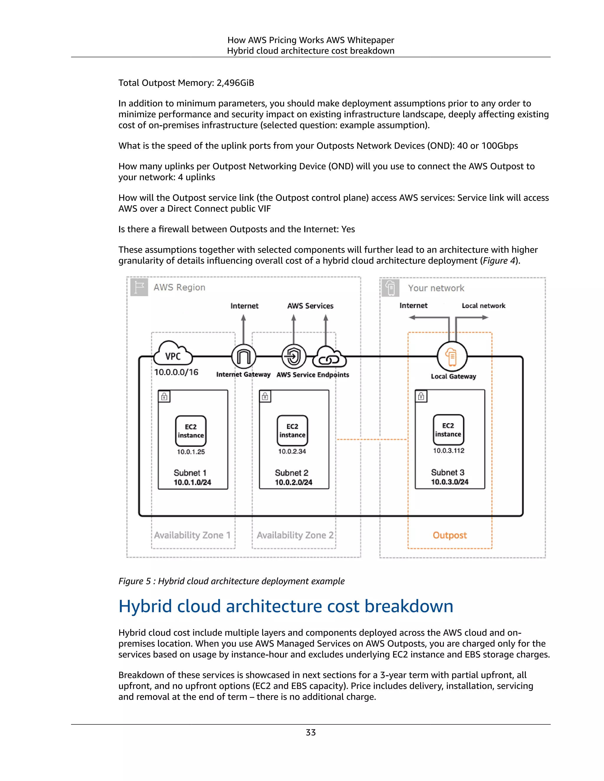 How AWS Pricing Works AWS Whitepaper
Hybrid cloud architecture cost breakdown
Total Outpost Memory: 2,496GiB
In addition to minimum parameters, you should make deployment assumptions prior to any order to
minimize performance and security impact on existing infrastructure landscape, deeply aﬀecting existing
cost of on-premises infrastructure (selected question: example assumption).
What is the speed of the uplink ports from your Outposts Network Devices (OND): 40 or 100Gbps
How many uplinks per Outpost Networking Device (OND) will you use to connect the AWS Outpost to
your network: 4 uplinks
How will the Outpost service link (the Outpost control plane) access AWS services: Service link will access
AWS over a Direct Connect public VIF
Is there a ﬁrewall between Outposts and the Internet: Yes
These assumptions together with selected components will further lead to an architecture with higher
granularity of details inﬂuencing overall cost of a hybrid cloud architecture deployment (Figure 4).
Figure 5 : Hybrid cloud architecture deployment example
Hybrid cloud architecture cost breakdown
Hybrid cloud cost include multiple layers and components deployed across the AWS cloud and on-
premises location. When you use AWS Managed Services on AWS Outposts, you are charged only for the
services based on usage by instance-hour and excludes underlying EC2 instance and EBS storage charges.
Breakdown of these services is showcased in next sections for a 3-year term with partial upfront, all
upfront, and no upfront options (EC2 and EBS capacity). Price includes delivery, installation, servicing
and removal at the end of term – there is no additional charge.
33
 